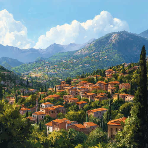 Southern European city on mountain side with houses, trees.