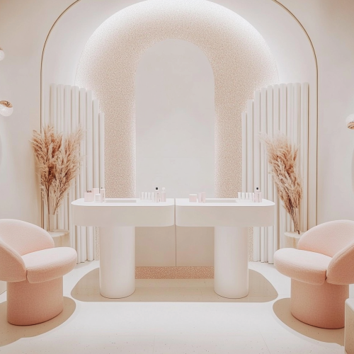 Spa room with white walls, two nail tables.