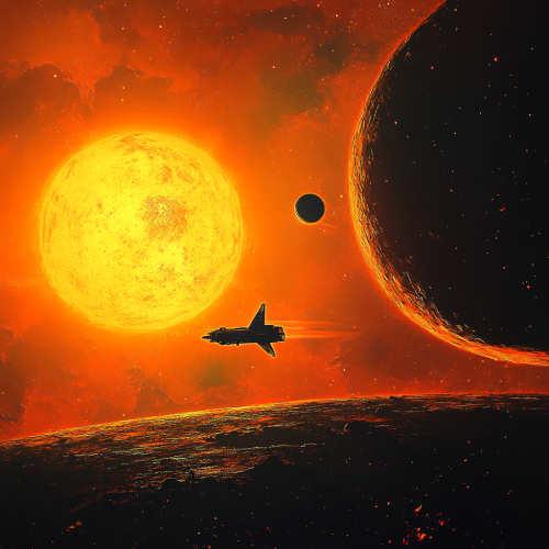 Spaceship entering dual-sun system with multiple planets. Spaceship entering dual-sun system with multiple planets.