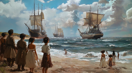 Spanish ships land in America, met by natives.