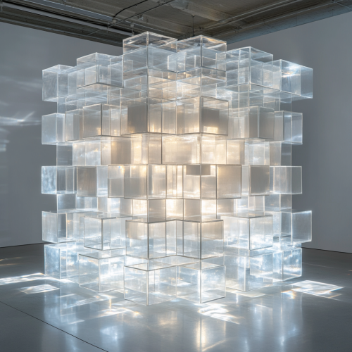 Sparkling Glass Cube with Floating Boxes in White Space Sparkling Glass Cube with Floating Boxes in White Space