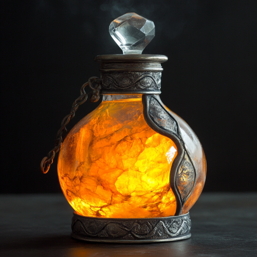 Sparkling orange mercury in magical locked flask