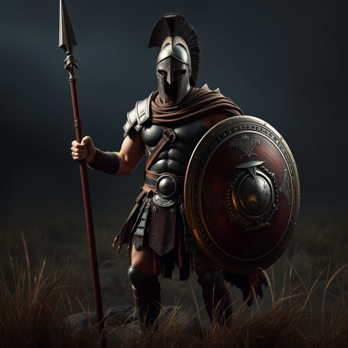 Spartan Warrior Holding Spear and Shield in Darkness