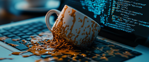 Spilled coffee on laptop, code glitching, DSLR photo