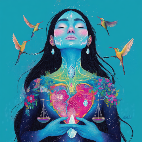 Spirit woman with blue skin holds justice scales.