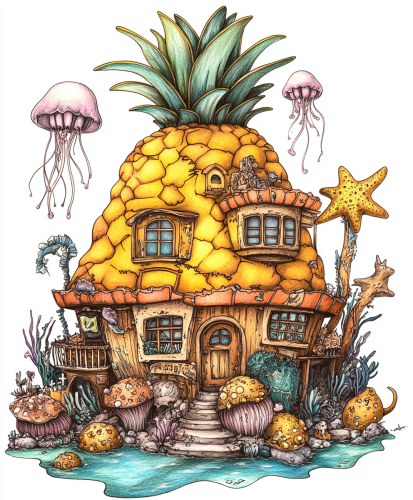 Spongebob's pineapple house with starfish, jellyfish, snails design.