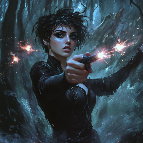 Spooky Fantasy: Young Woman Battles Monster in Forest