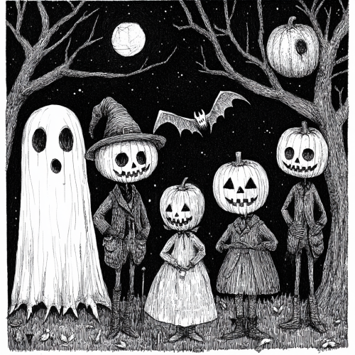 Spooky Halloween characters in detailed Edward Gorey drawing