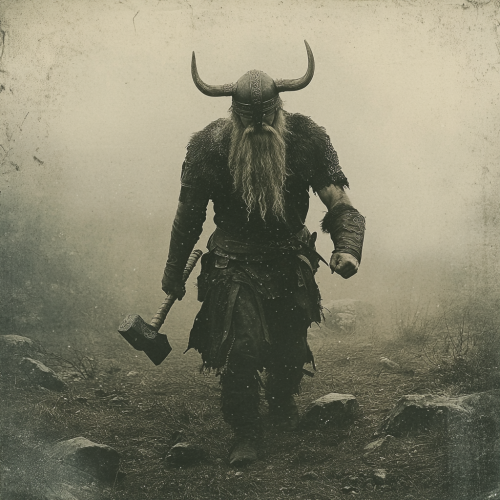 Spooky Norse Viking Warrior with Warhammer and Horned Helmet