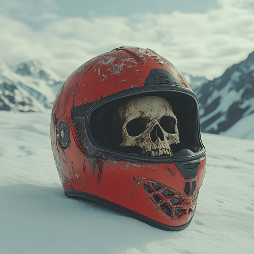 Spooky Skeleton in Red Helmet in Snowy Mountains