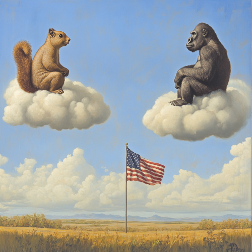 Squirrel and Gorilla meet on Clouds above Meadow.