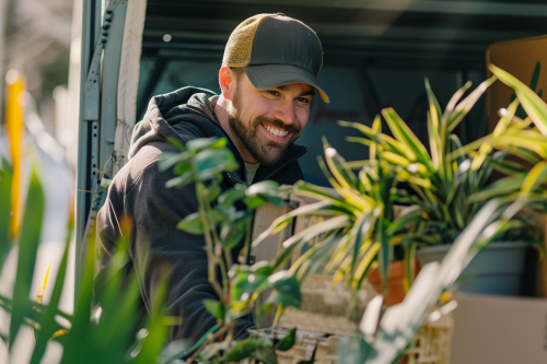 Staff carefully loading plants and fragile items in sunlight