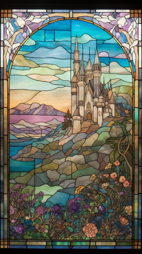 Stained glass window of medieval castle on hill. Stained glass window of medieval castle on hill.