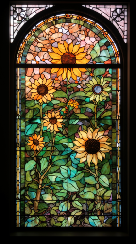 Stained glass window with sunflowers in soft pastel colors. Stained glass window with sunflowers in soft pastel colors.