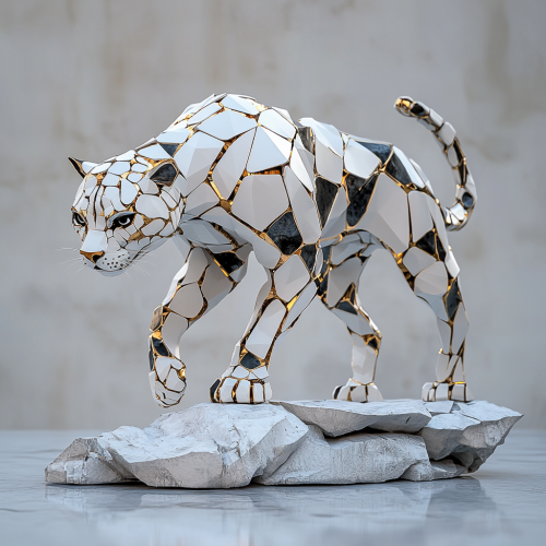Stalking Jaguar: Majestic Fragmented Sculpture on Gold Base