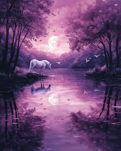 Starry night reflected in calm lake, white horse fencing