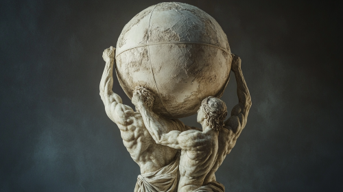 Statue of strong man and woman holding globe