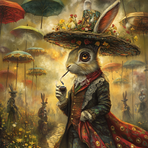 Steam punk rabbit in fantastical forest with umbrellas