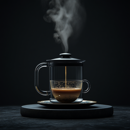 Steaming French press pouring coffee into fancy cup