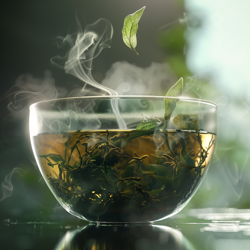Steaming black tea leaves in clear teacup