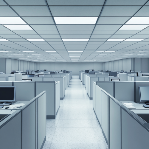 Sterile, uniform cubicles in bright, cold office setting.