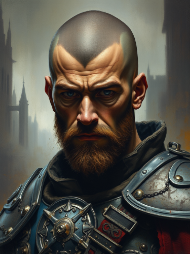 Stoic Fighter in Ruined City: An Oil Painting