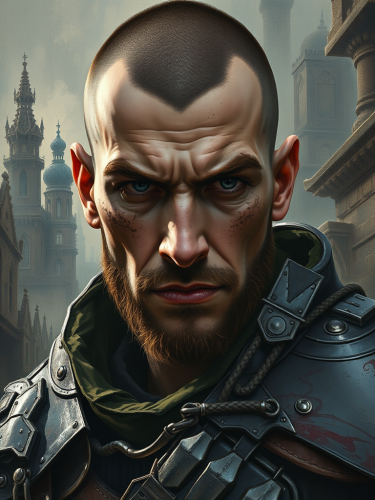 Stoic Warrior in Ruined City: An Oil Painting