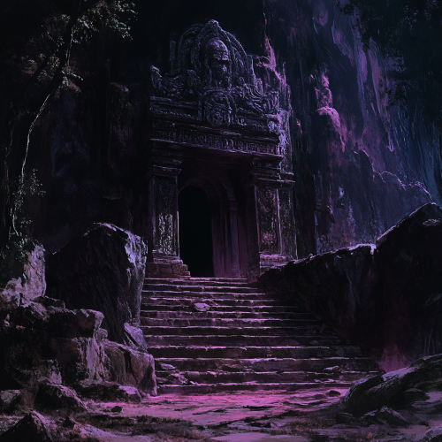 Stone temple in cave with purplish glow, intricate carvings.