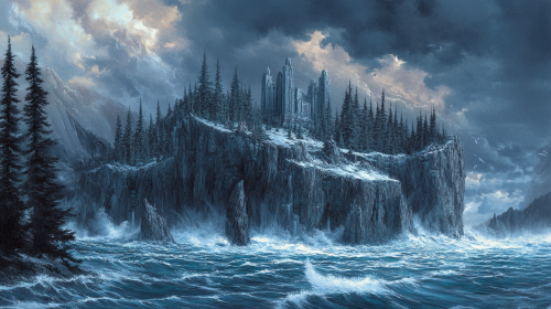 Stormy island with pine forests, mausoleums on icy cliffs. Stormy island with pine forests, mausoleums on icy cliffs.