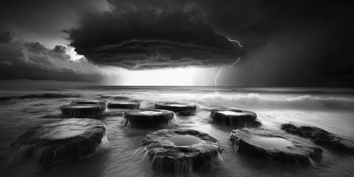 Stormy shoreline with rocks, waves, lightning and reflective pools. Stormy shoreline with rocks, waves, lightning and reflective pools.