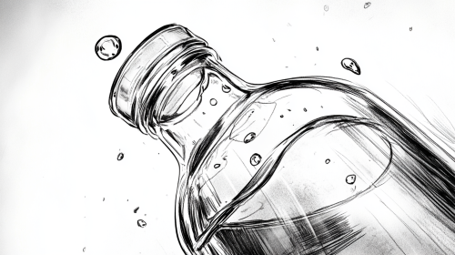 Storyboard illustration: drop falls into bottle, dynamic angles.
