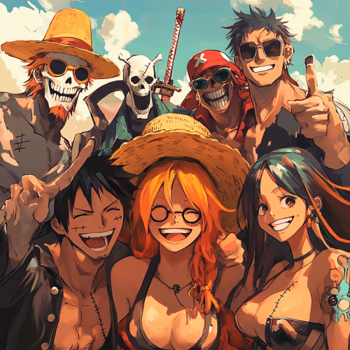 Straw Hat Crew smiling with unique appearances.