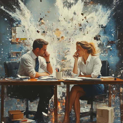 Stressed man and woman in office meeting