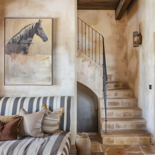 Striped couch, velvet cushions, modern horse painting, earthy colors.