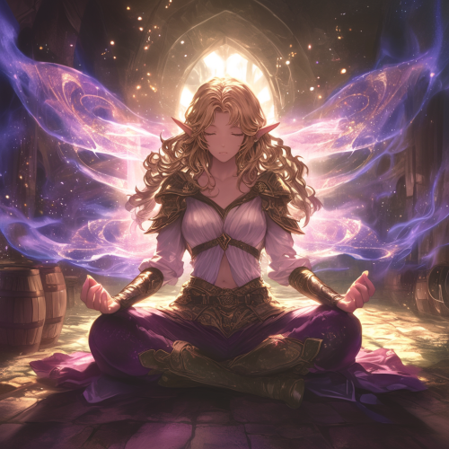 Strong, muscular fairy meditates with huge battle axe.