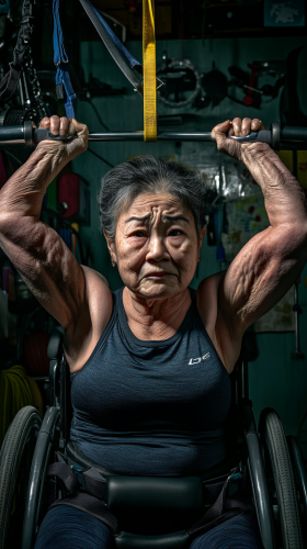 Strong Asian grandma in wheelchair pulls resistance band