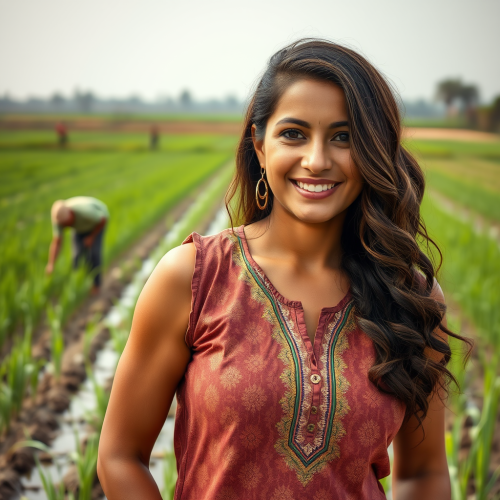 Strong Indian girl smiling in rice field.