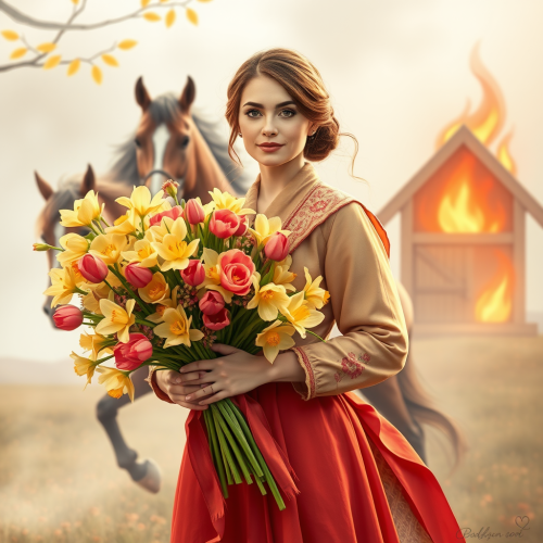 Strong Woman with Flowers on Women's Day Strong Woman with Flowers on Women's Day
