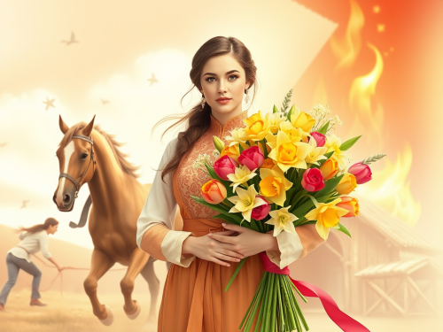 Strong Woman with Spring Flowers on Women's Day