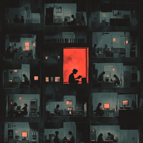 Student studying with red book stands out in grey dorm.