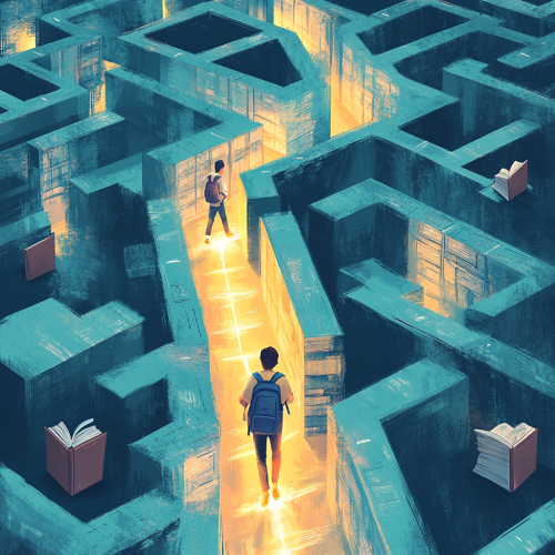 Students lost in maze, one guided by bright book. Students lost in maze, one guided by bright book.