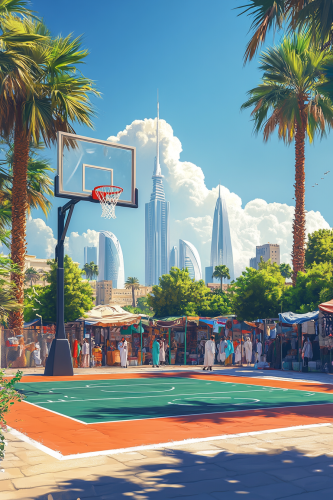 Stunning minimalist realism illustration of Kuwaiti basketball court.