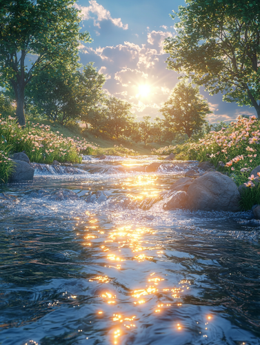 Stunning realistic nature scenery with water, sky, and sun