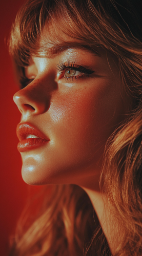 Stunning woman's face in 1970s, realistic high contrast.