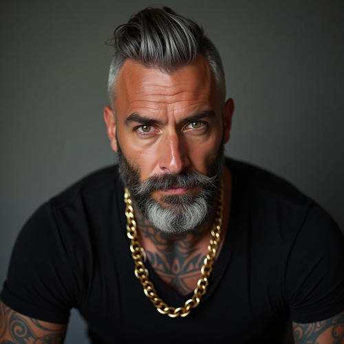 Stylish American Man with Beard and Neck Tattoos