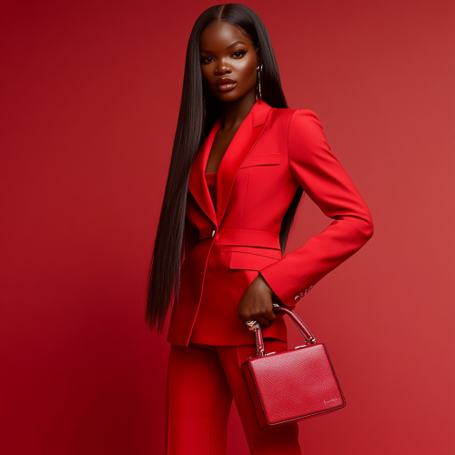 Stylish Black Woman in Red Suit with Purse