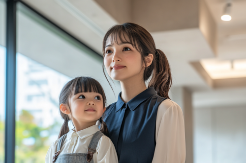 Stylish Japanese Mother and Daughter in Elegant Room