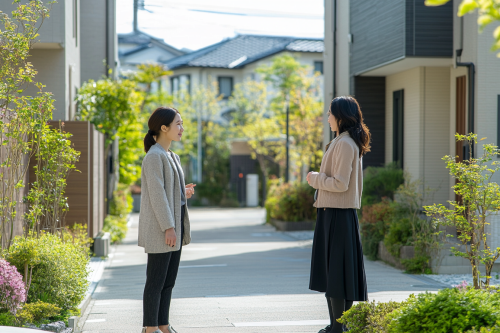 Japanese Women Chat in Upscale Neighborhood