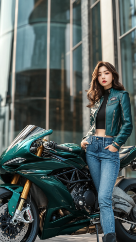 Stylish Japanese woman next to green motorcycle