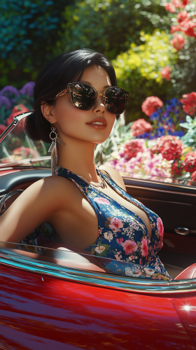 Japanese woman next to red luxury convertible.